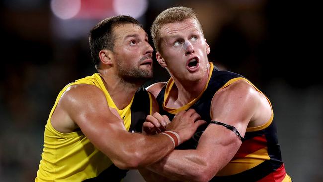 Reilly O’Brien shouldered the load for Adelaide’s ruck this season and should win their best-and-fairest. Picture: James Elsby (Getty).