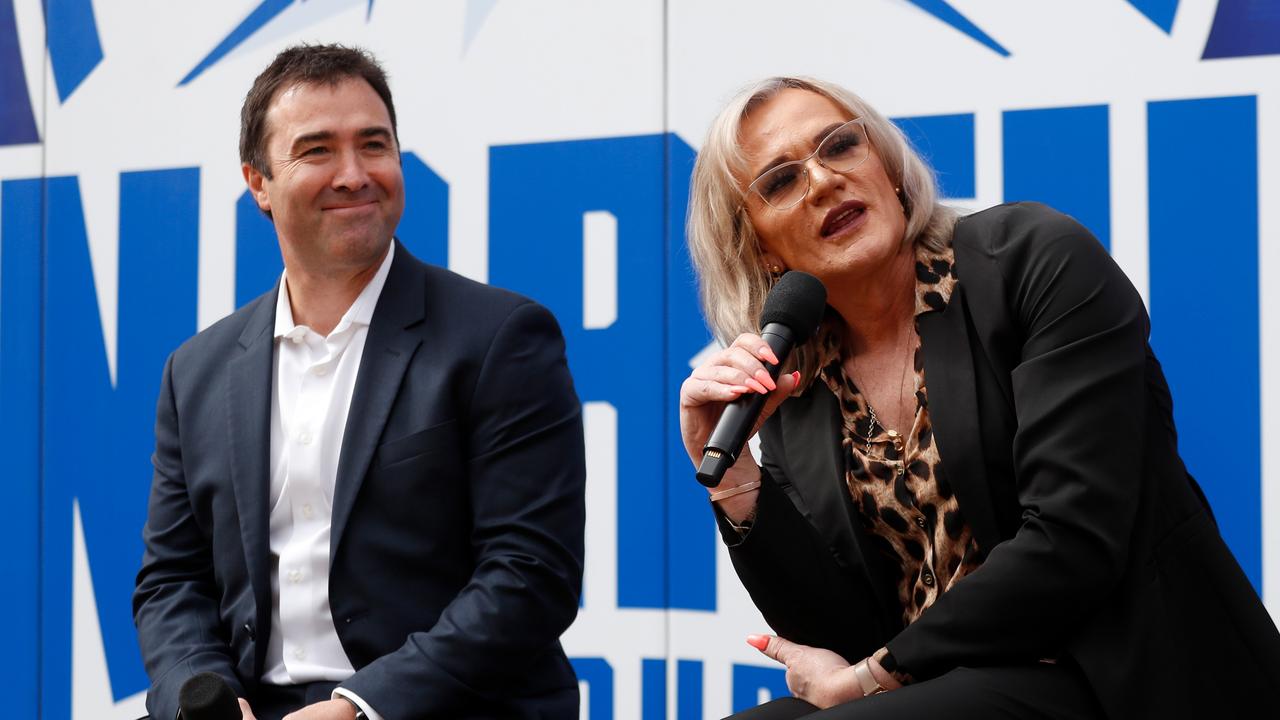 Dani Laidley, speaking alongside Brad Scott at a Kangaroos club function in 2021, is eager to return to coaching in the AFLW. Picture: Michael Willson / AFL Photos