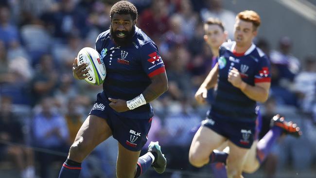 BALLARAT, AUSTRALIA - FEBRUARY 22: Marika Koroibete of the Rebels scores a try during the round four Super Rugby match between the Rebels and the Sharks at Mars Stadium on February 22, 2020 in Ballarat, Australia. (Photo by Daniel Pockett/Getty Images)