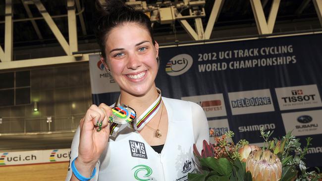 Melissa Hoskins celebrates her silver medal in the Women's Scratch Race, at the UCI Track Cycling World Championships, Melbourne in April 2012. Picture: AAP Image/Joe Castro