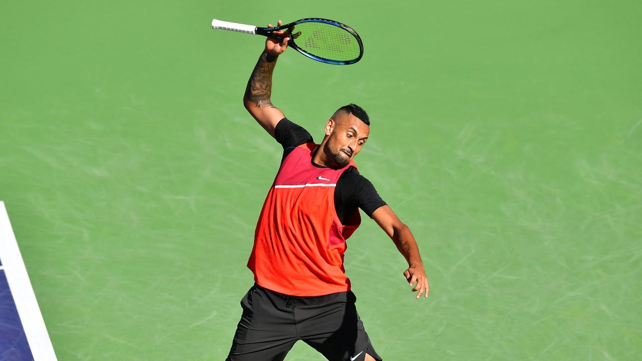 Nick Kyrgios of Australia reacts after a lost point to Rafael Nadal of Spain in their ATP quarterfinal match at the Indian Wells tennis tournament on March 17, 2022 in Indian Wells, California. (Photo by Frederic J. BROWN / AFP)