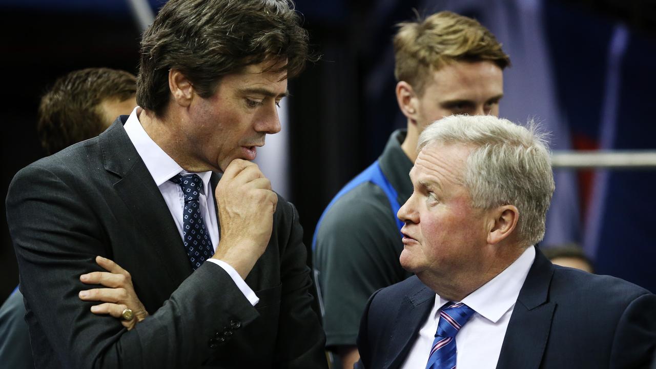 Western Bulldogs president Peter Gordon with AFL CEO Gillon McLachlan. Picture: Michael Klein