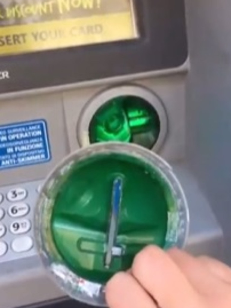 A tourist showed a skimming device on an ATM in Rome in a TikTok. Picture: TikTok/sheerinproblems