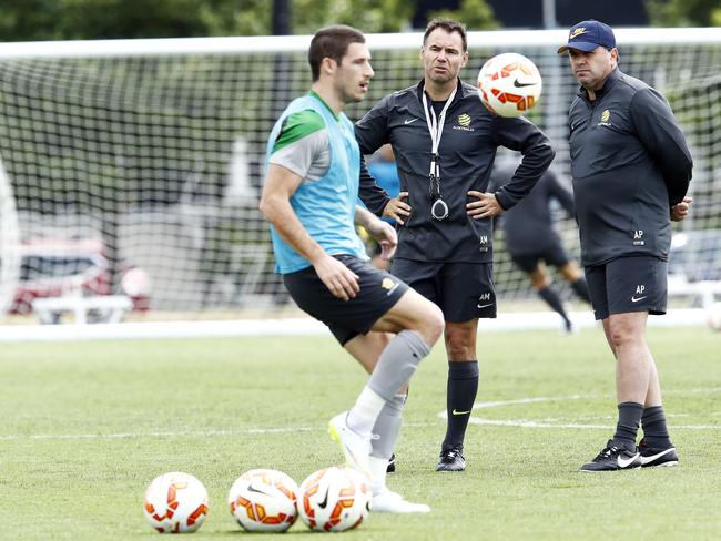 Ante Milicic and Ange Postecoglou keep a close eye on Mathew Leckie