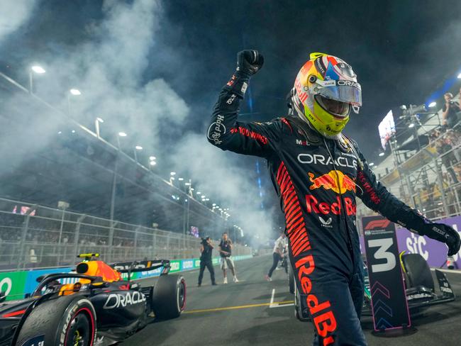 Red Bull Racing's Mexican driver Sergio Perez celebrates after winning the Saudi Arabia Formula One Grand Prix. Picture: AFP