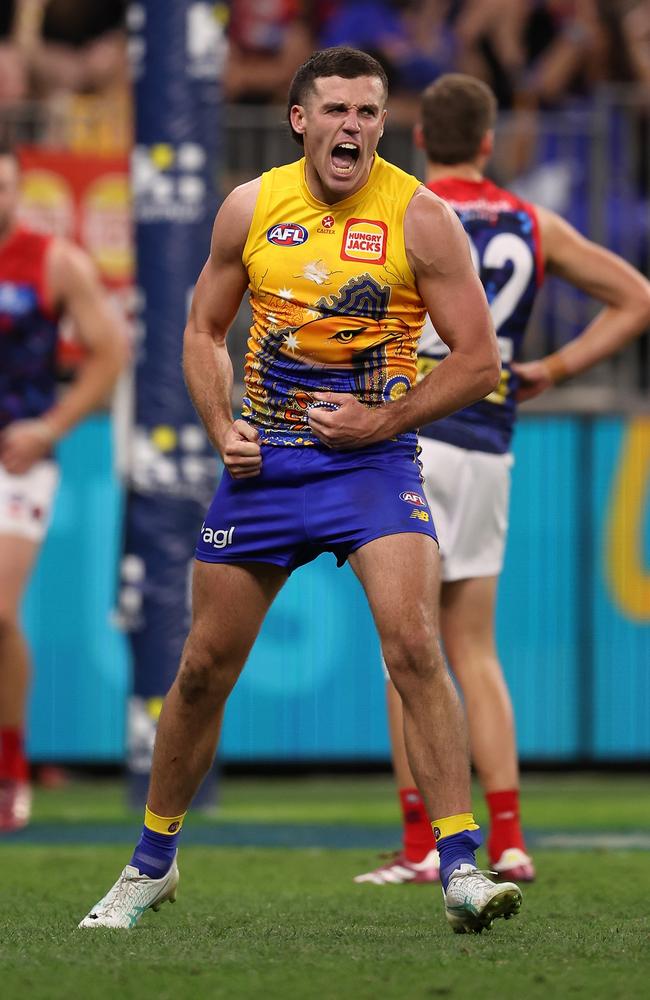 Jake Waterman celebrates after kicking a goal against Melbourne. Picture: Paul Kane/Getty Images.