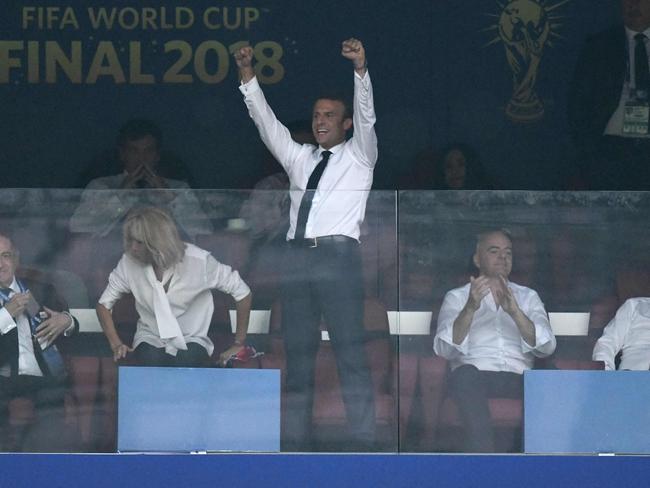 French President Emmanuel Macron celebrates at the Luzhniki Stadium in Moscow.