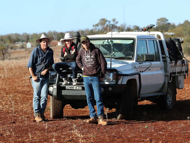 Alan Martin with his sons Damon and Jared on his property Stirling in Inverell. Picture Kym Smith