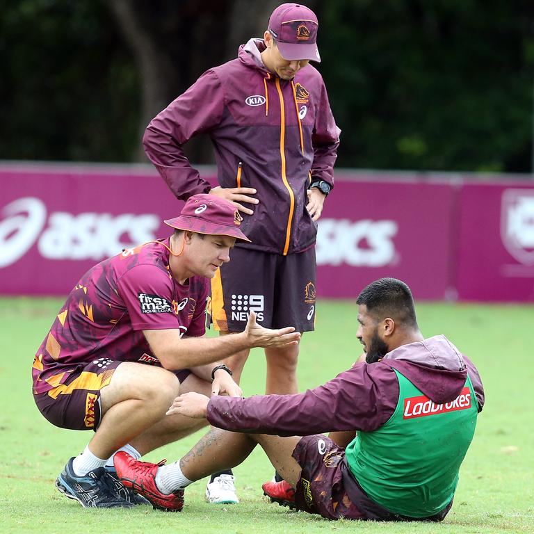 Payne Haas on the ground after injuring his ankle at training. Picture: Richard Gosling