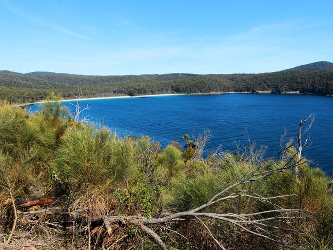 View from the lookout back towards Fortescue Bay Beach on the Three Capes Track