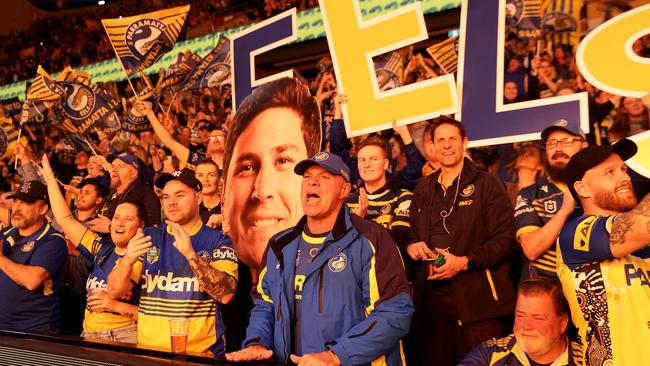 Eels fans show their support before the NRL Semi Final match between the Parramatta Eels and the Canberra Raiders at CommBank Stadium on September 16, 2022 in Sydney, Australia. (Photo by Cameron Spencer/Getty Images)