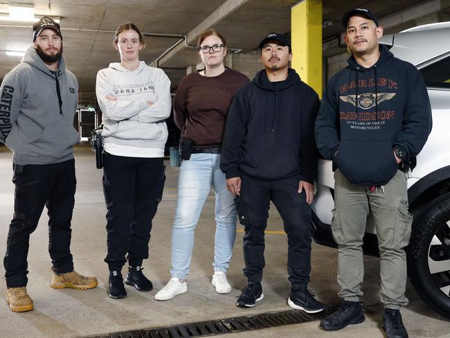 Blacktown Police Domestic Violence Unit members Constable John Trinnie, Senior Constable Jeorgia Avis, Sergeant Beck Abel, Constable Ken Gonzales and Senior Constable Asante Decena. Picture: Richard Dobson