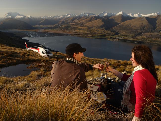 A helicopter picnic is an indulgent way to appreciate the scenery of New Zealand’s Southern Alps. Picture: Glacier Southern Lakes Helicopters