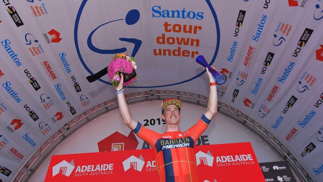 WILLUNGA HILL, AUSTRALIA - JANUARY 20: Podium / Rohan Dennis of Australia and Team Bahrain-Merida Best Australian Rider / Celebration / during the 21st Santos Tour Down Under 2019, Stage 6 a 151,5km stage from McLaren Vale to Willunga Hill 374m / TDU / on January 20, 2019 in Willunga Hill, Australia. (Photo by Tim de Waele/Getty Images)