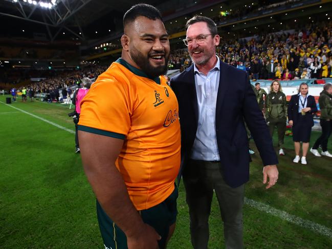 Taniela Tupou with Dan McKellar in his time as an assistant coach of the Wallabies. Picture: Getty Images