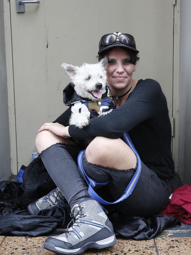 Homeless woman, Kathryn, 30, lives rough in Parramatta with her dog Jasper. She has a 13-year-old daughter who lives with her grandparents. Picture: David Swift