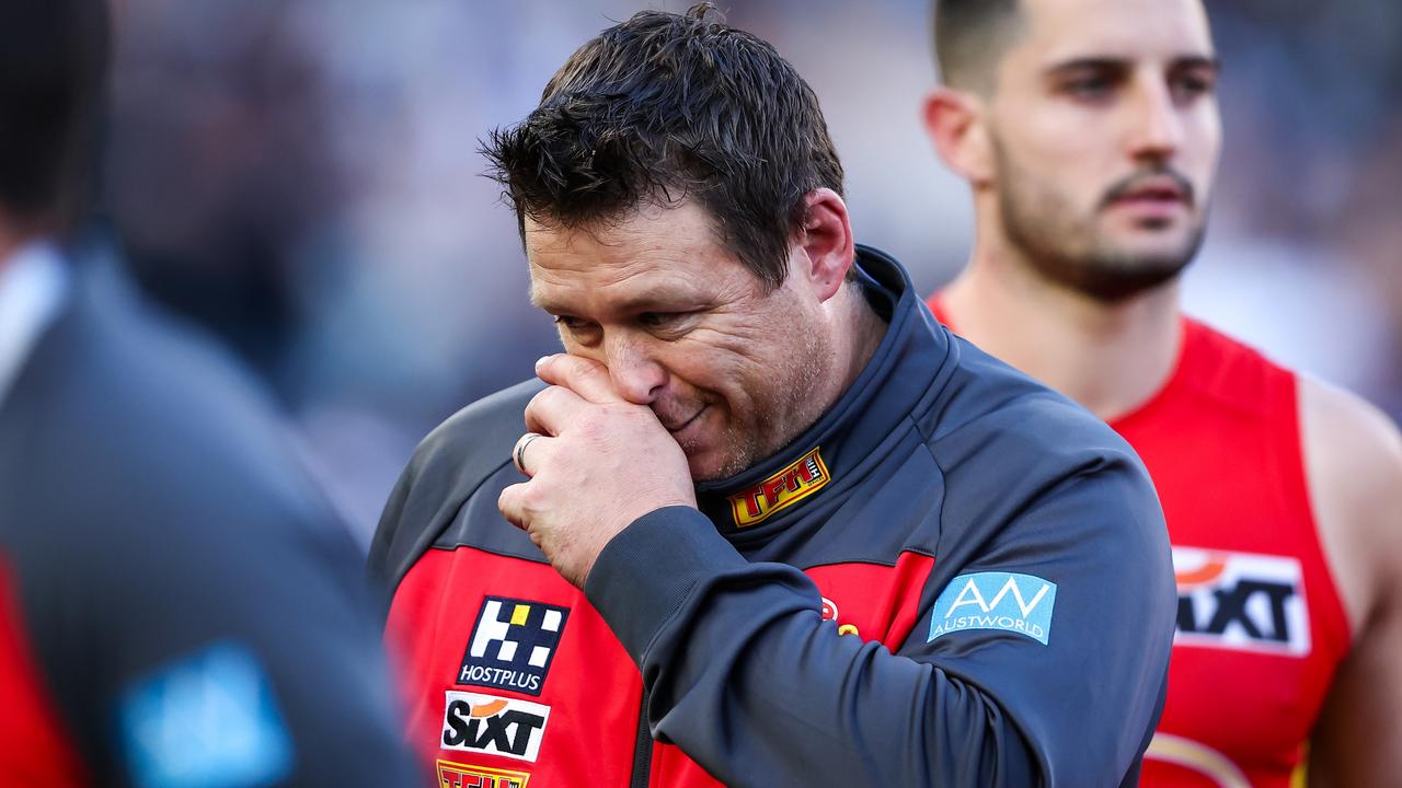 MELBOURNE, AUSTRALIA - JUNE 18: Stuart Dew, Senior Coach of the Suns is seen during the 2023 AFL Round 14 match between the Carlton Blues and the Gold Coast Suns at the Melbourne Cricket Ground on June 18, 2023 in Melbourne, Australia. (Photo by Dylan Burns/AFL Photos via Getty Images)