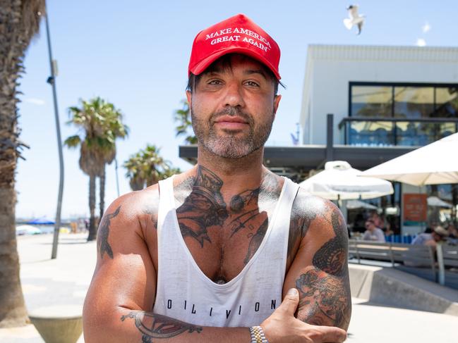 Ange was told by staff at Captain Baxter to remove his MAGA hat because it incited political trouble.Angelo has been a regular at the venue and was very disappointed. Pictured outside Captain Baxter St Kilda. Picture: Jason Edwards