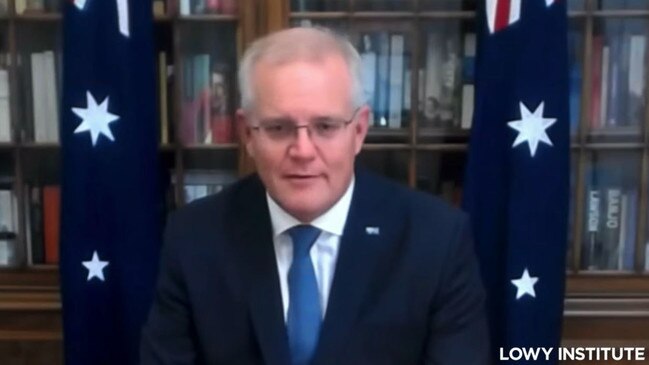 Scott Morrison addresses the Lowy Institute from isolation in Kirribilli House, Sydney, on Monday. Picture: YouTube/Lowy Institute