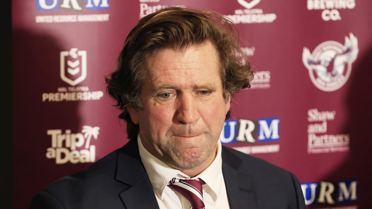 SYDNEY, AUSTRALIA - MAY 23: Manly coach Des Hasler speaks during the after match press conference in the round 11 NRL match between the Parramatta Eels and the Manly Sea Eagles at Bankwest Stadium, on May 23, 2021, in Sydney, Australia. (Photo by Mark Evans/Getty Images)