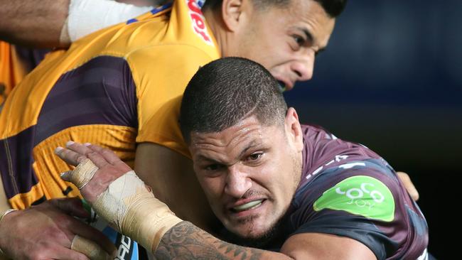 Willie Mason of the Sea Eagles is tackled during the round 21 NRL match between the Manly Sea Eagles and the Brisbane Broncos at Central Coast Stadium. Picture: Getty Images