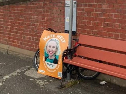 South Yarra ward candidate for the Stonnington Council Kate Hely has been accused of "illegal election tactics" after padlocking her corflutes to bicycles on council land. Picture: supplied.