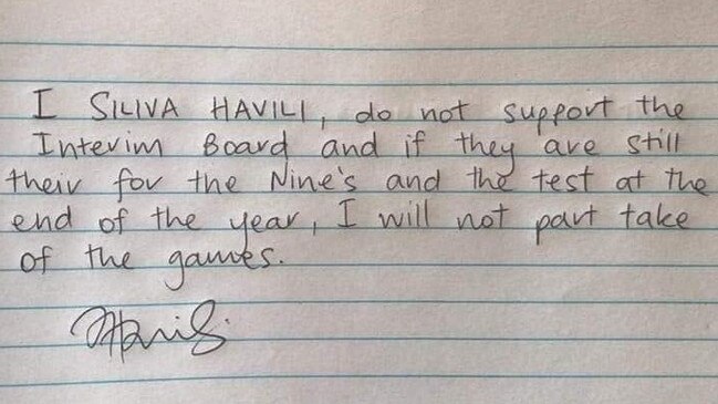 Canberra Raiders hooker Siliva Havili’s letter.