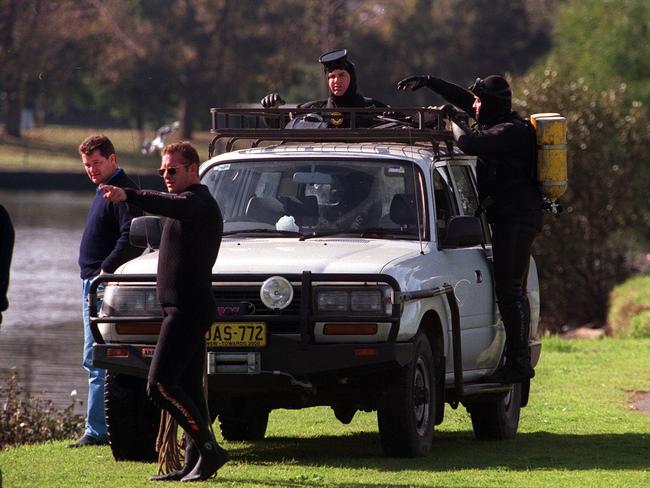 Police divers search the Cooks River at Tempe after discovering Mr Dirrian’s head dumped in a bag.