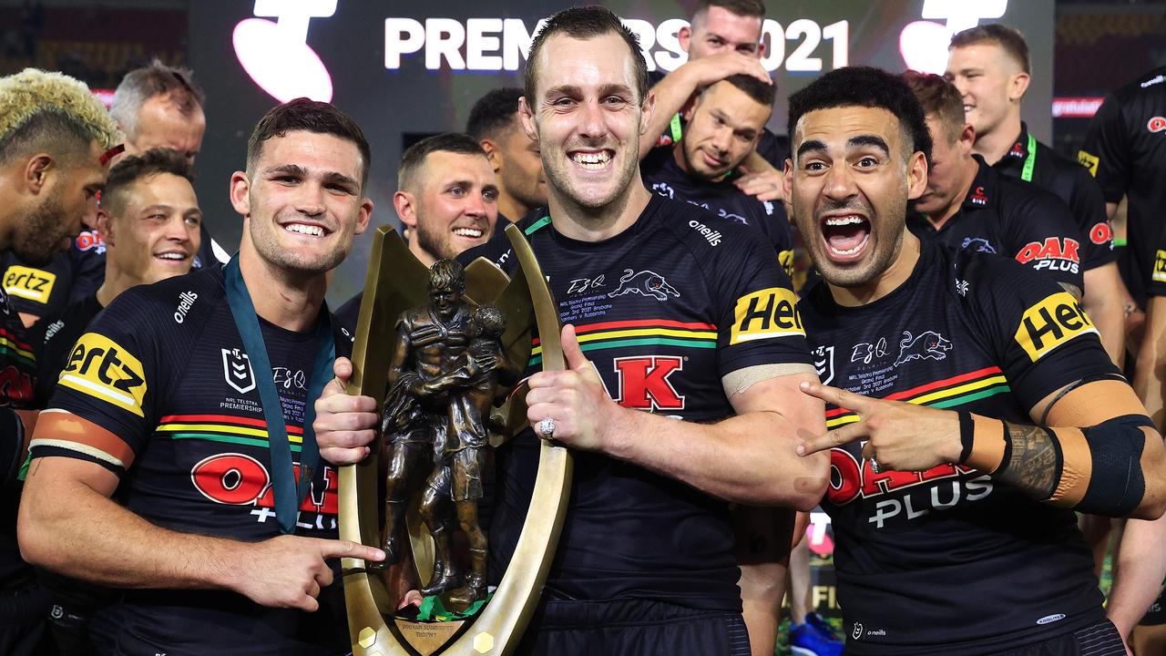 Tyrone May (right) celebrates with Nathan Cleary and Isaah Yeo after Penrith’s grand final win. Picture: Adam Head