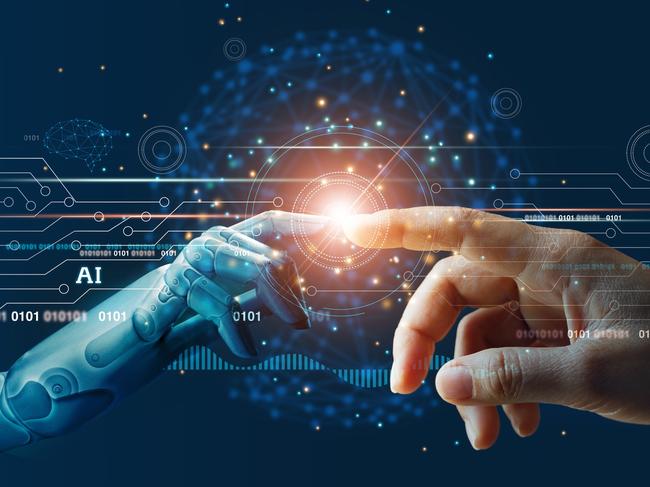 AI, Machine learning, Hands of robot and human touching on big data network connection background, Science and artificial intelligence technology, innovation and futuristic.