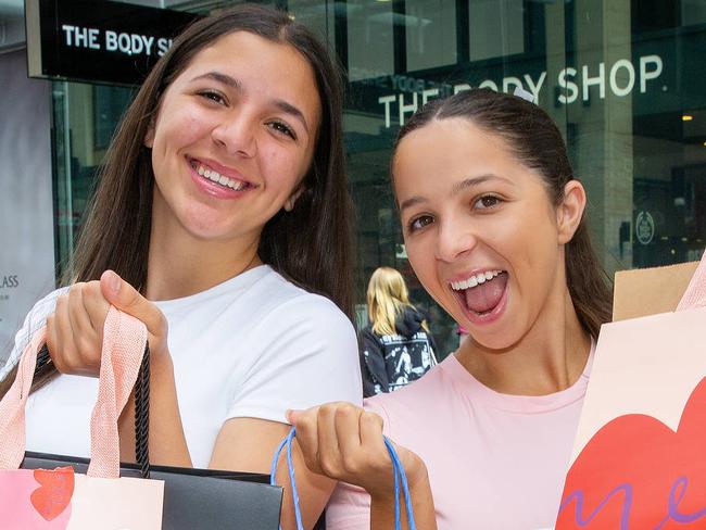 ADELAIDE, SOUTH AUSTRALIA - Advertiser Photos DECEMBER 23, 2024: Sisters Mikayla and Amelia Rechichi excited about the Boxing Day shopping sales in Rundle Mall. Picture: Emma Brasier