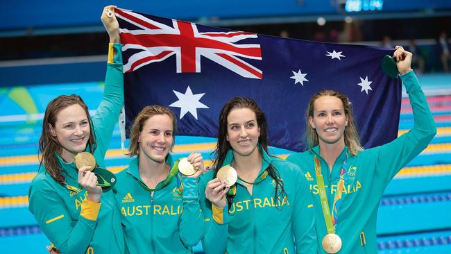 With Bronte Campbell, Brittany Elmslie and Emma Mckeon at the Rio Olympics in 2016. (Picture: Getty Images)