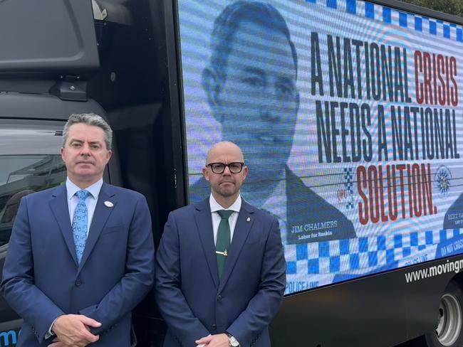 12/11/2024: Queensland Police Union President Shane Prior (glasses) and Police Federation of Australia CEO Scott Weber have urged the Federal Government to interrupt foreign aid and instead direct benefits to retaining experienced police. Picture: Mackenzie Scott