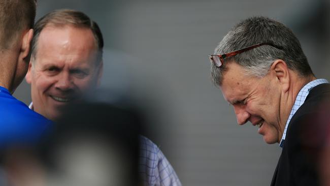 Graeme Allan talks to Nathan Buckley. Picture: Wayne Ludbey