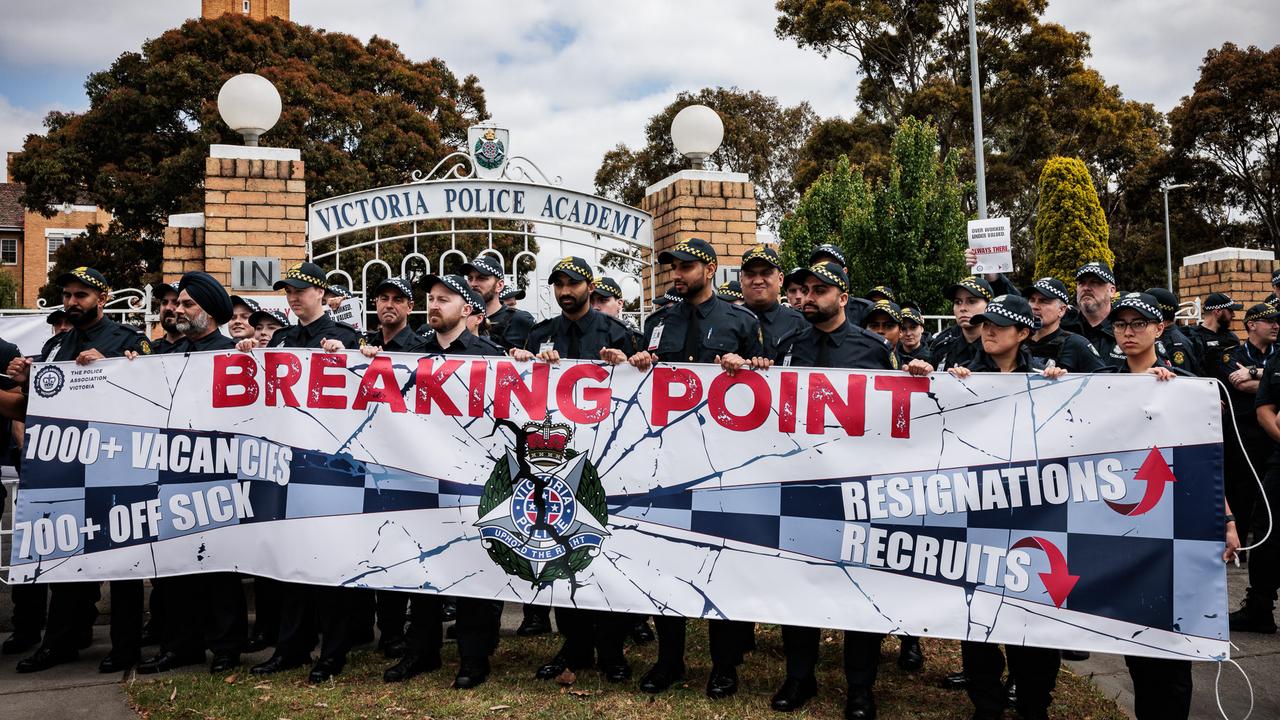 Victorian Police staged a walkout protest at Victorian Police Academy in Glen Waverley in November over ongoing industrial relations pay disputes. Picture: NewsWire / Nadir Kinani