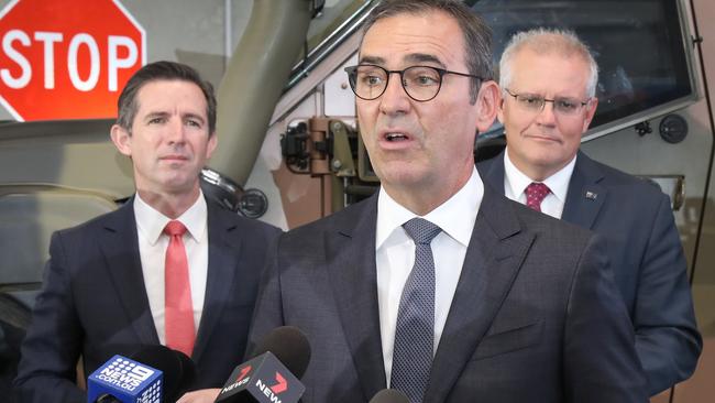 Prime Minister Scott Morrison in Adelaide to visit space and defence industries. (LtoR) Federal finance Minister Simon Birmingham, SA Premier Steven Marshall, and Prime Minister Scott Morrison. Picture: Dean Martin