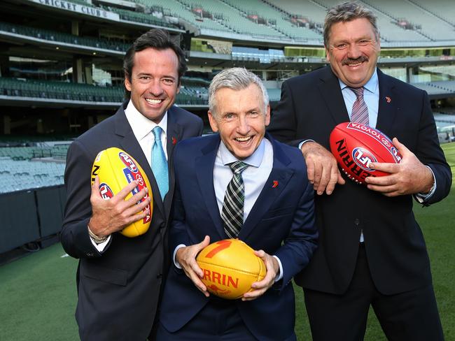 Footy’s almost back — Bruce McAvaney with his fellow Channel 7 AFL commentators Hamish McLachlan and Brian Taylor. Picture: Wayne Ludbey