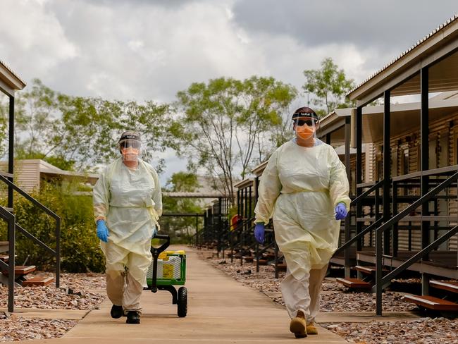 **NO ONLINE USE UNTIL 12:05AM, Friday 15th January, 2020** AUSMAT staff conduct a Swabbing run at a PPE drill at the NCCTRCA/AUSMAT sections of the Howard Springs Corona virus quarantine Centre on Darwin's outskirts. Picture: GLENN CAMPBELL via NCA NewsWire