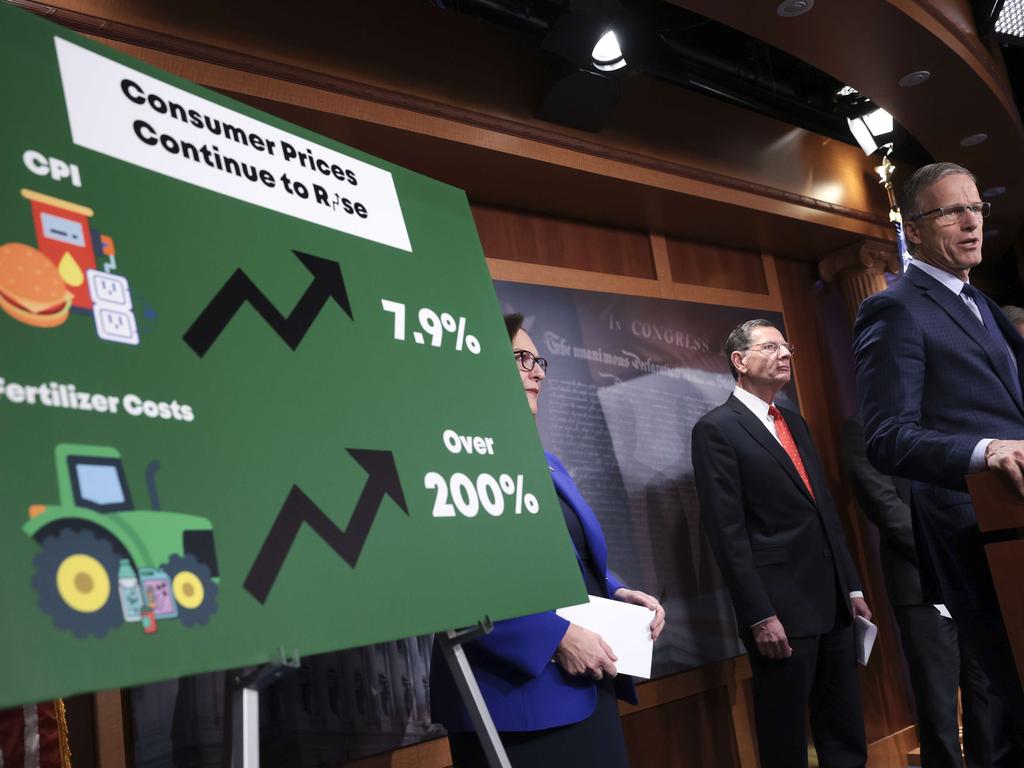 US Senator John Thune, joined by Senator Deb Fischer Senator John Barrasso, speaks on inflation at a news conference at the US Capitol on March 10, 2022 in Washington, DC. Picture: Kevin Dietsch/Getty Images/AFP