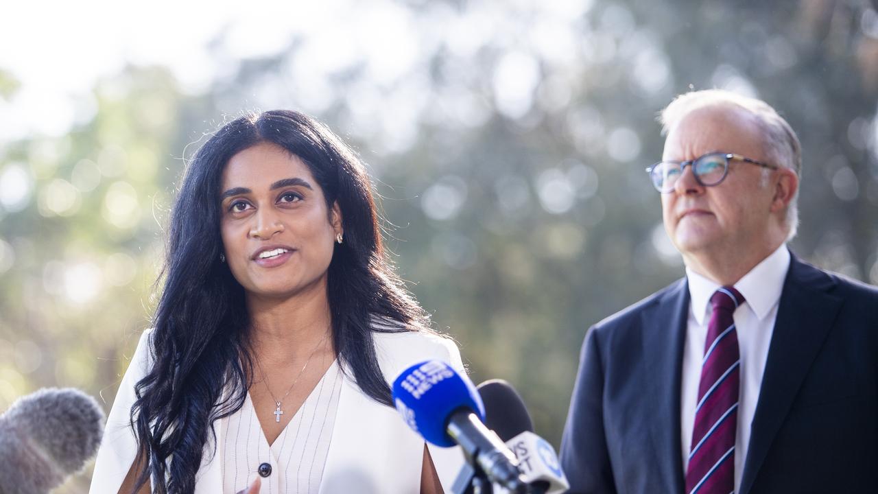 Prime Minister Anthony Albanese holds a press conference with the Federal Labor Candidate Barton Ashvini Ambihaipahar. Picture: Jeremy Piper