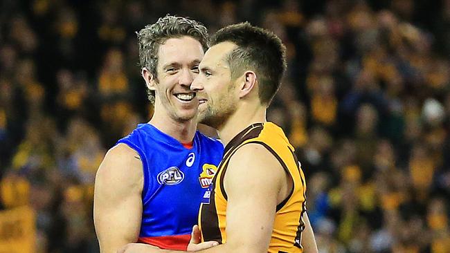 Bob Murphy with Luke Hodge in Round 23. Picture: Mark Stewart