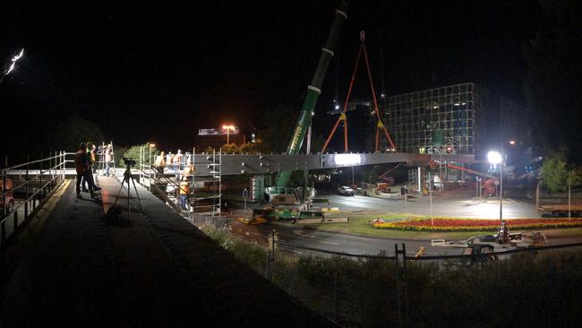 The new Brooker Highway footbridge being lifted into place. Picture: Hobart City Council