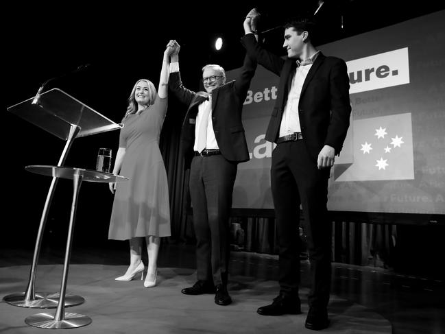 Labor Leader Anthony Albanese claims election victory with his partner Jodie Haydon and son Nathan. Picture: Lisa Maree Williams