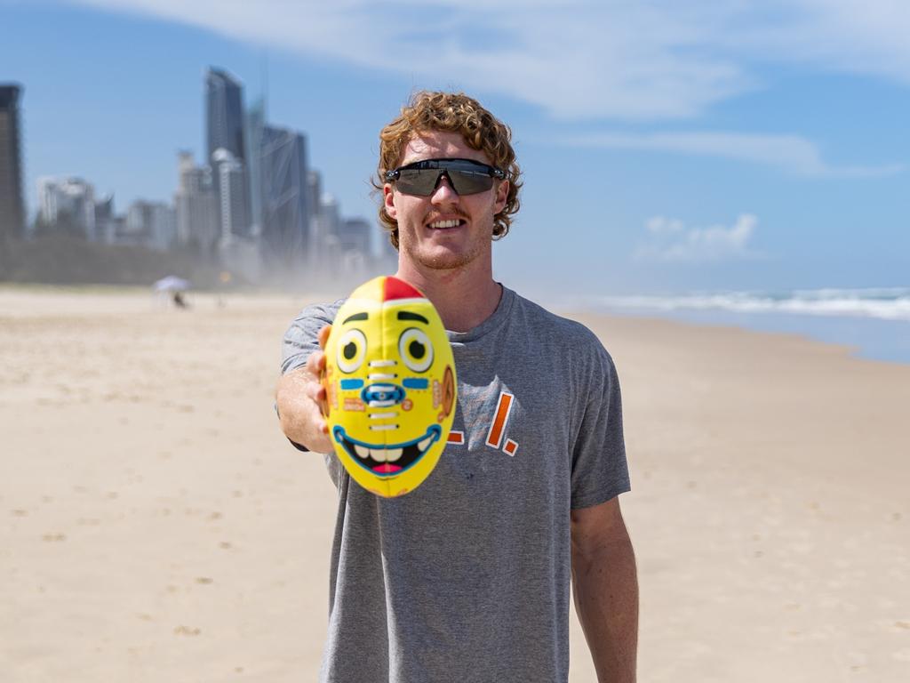 Matt Rowell pictured with Sherrin's new Beachy kids ball which is suitable for water and designed to make AFL skill development fun and easy. Picture: Supplied.