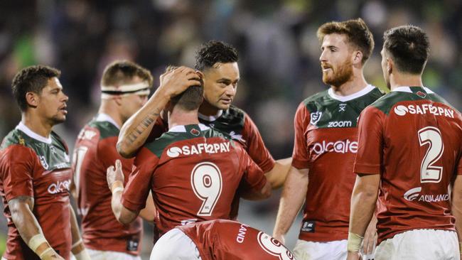 Rabbitohs players celebrate their win during the Round 10 NRL match between the Canberra Raiders and the South Sydney Rabbitohs at GIO Stadium in Canberra, Saturday, May 18, 2019. (AAP Image/Rohan Thomson) NO ARCHIVING, EDITORIAL USE ONLY