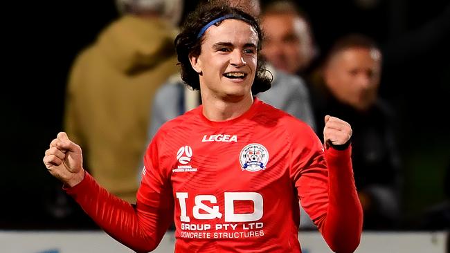 George Elliss of North Geelong celebrates scoring a goal during the round 10 NPL Victoria Men's match between Heidelberg United and North Geelong Warriors at Olympic Park in Heidelberg West, Victoria on April 21, 2023.