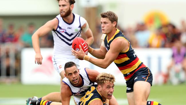 Matt Crouch of the Crows in action during the AFL 2018 JLT Community Series match against Fremantle at Strathalbyn on Sunday. Picture: James Elsby/AFL Media/Getty Images