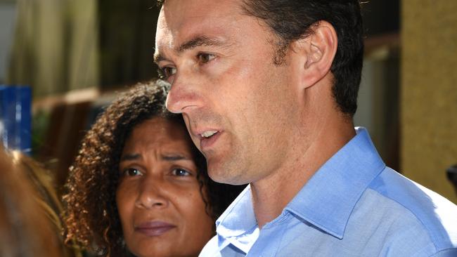 Gabrielle Catan (left) and Simon Tate (right) address the media outside of the Coroners Court of Victoria on Monday. Picture: James Ross/AAP