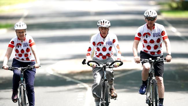 Sue Griffin and Kelvin Gurney keep up with 92-year-old Kelvin Chalmier (middle) in the Banyule Bicycle User Group. Picture: Sean Garnsworthy