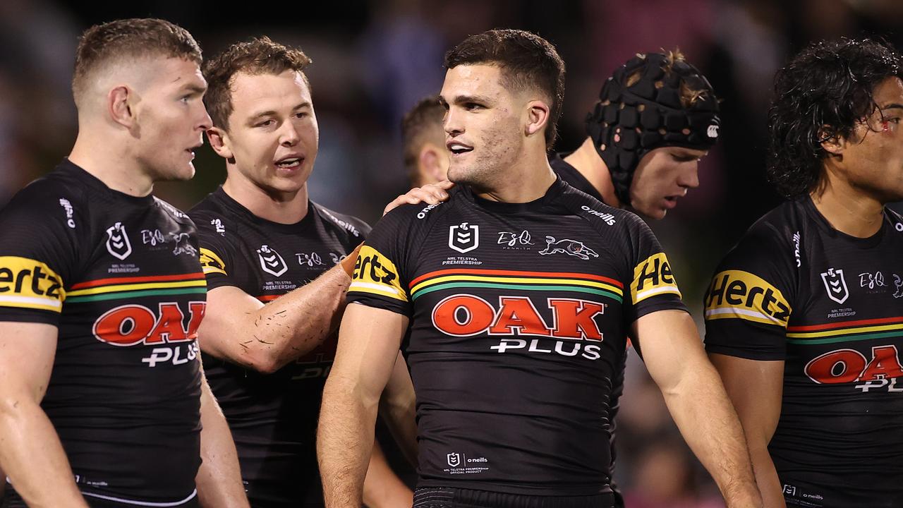 PENRITH, AUSTRALIA - JUNE 18: Nathan Cleary of the Penrith Panthers celebrates after scoring a try during the round 15 NRL match between the Penrith Panthers and the Sydney Roosters at Panthers Stadium, on June 18, 2021, in Penrith, Australia. (Photo by Mark Kolbe/Getty Images)